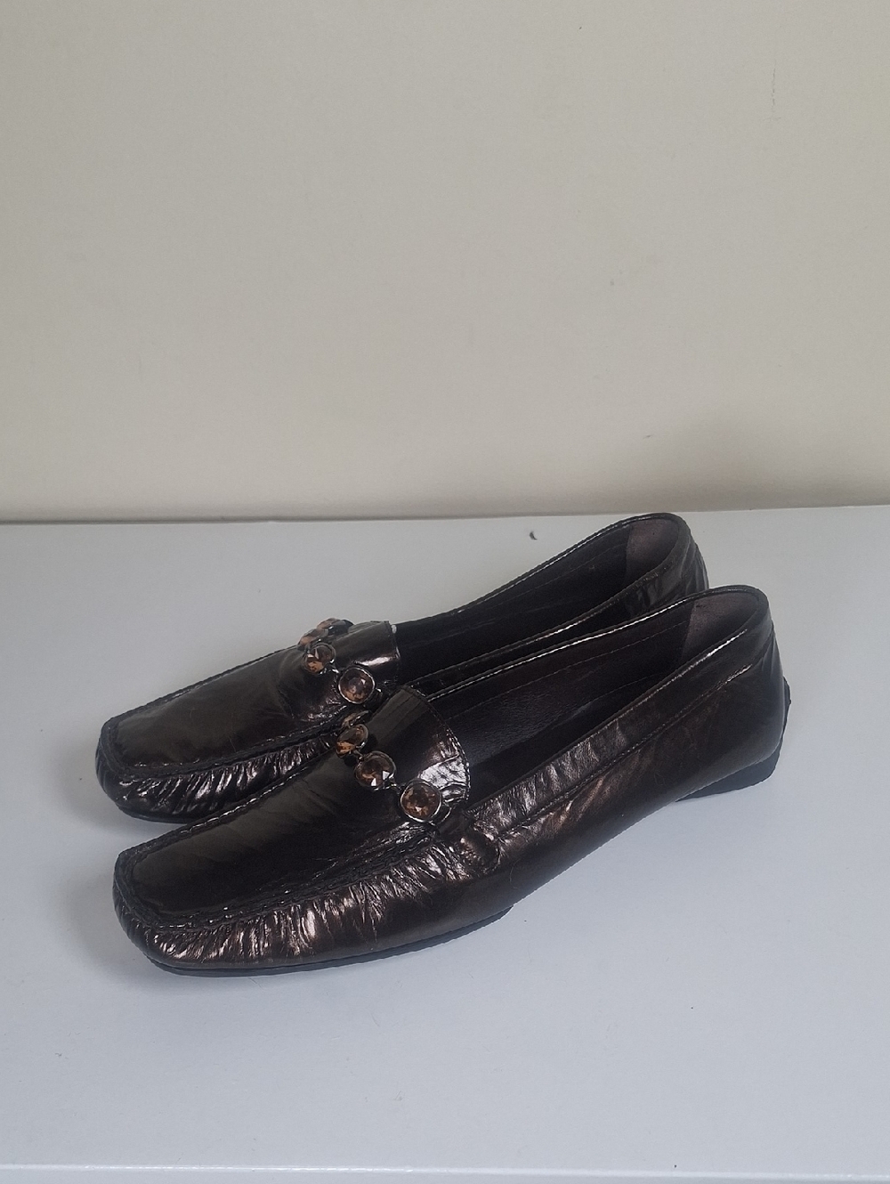 Stuart Weitzman Dark Brown/ Bronze  Jewelled Patent Leather Loafers Size 9.5